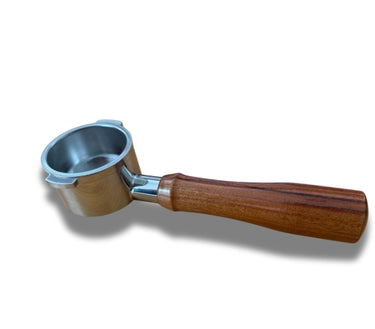 Front view of 51mm bottomless portafilter with 2-ear design and stainless steel filter basket